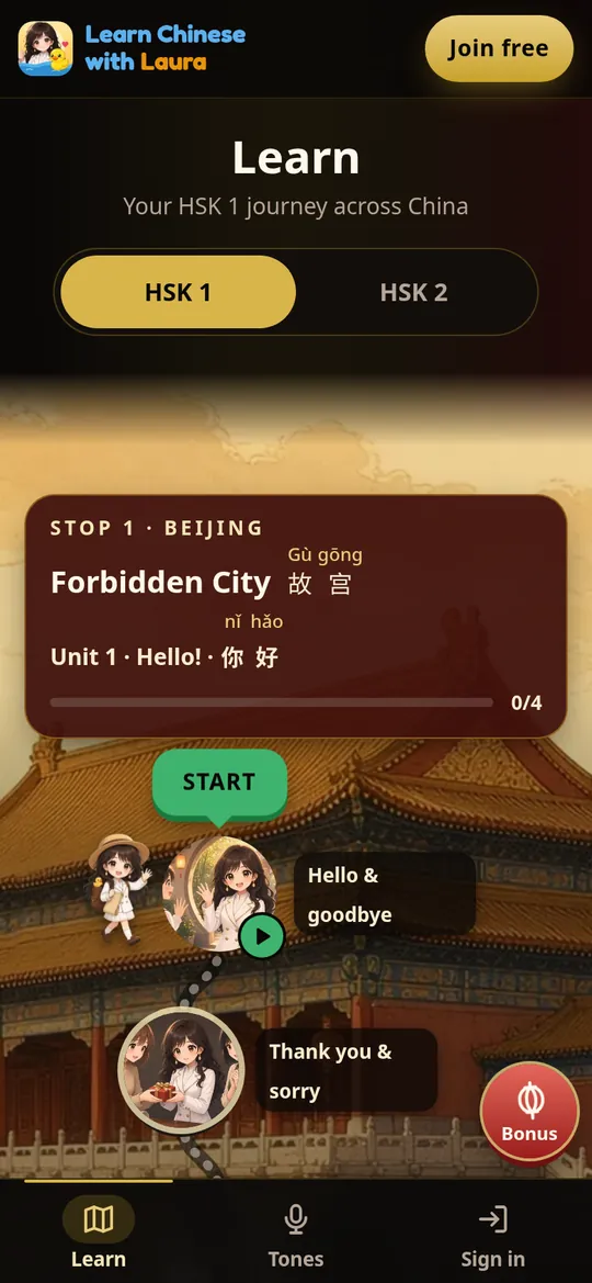The Learn screen: Stop 1, the Forbidden City in Beijing, with the first lessons on a painted trail